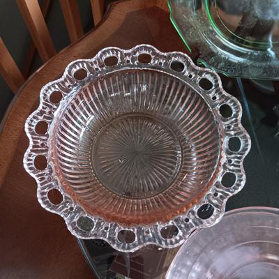 PINK AND GREEN DEPRESSION GLASS SERVING PIECES