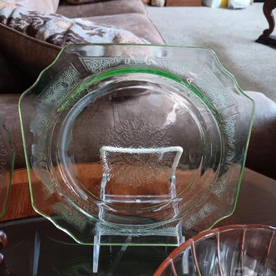 PINK AND GREEN DEPRESSION GLASS SERVING PIECES