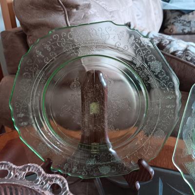 PINK AND GREEN DEPRESSION GLASS SERVING PIECES