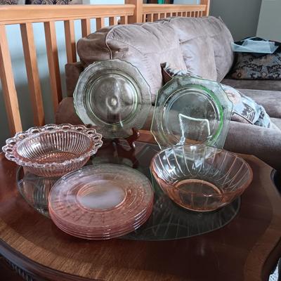 PINK AND GREEN DEPRESSION GLASS SERVING PIECES