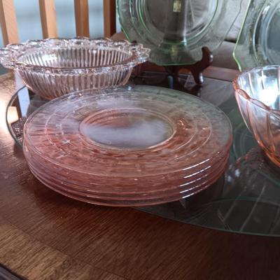 PINK AND GREEN DEPRESSION GLASS SERVING PIECES