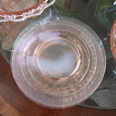 PINK AND GREEN DEPRESSION GLASS SERVING PIECES