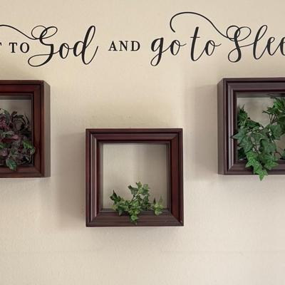 Three shadow box frames each containing artificial ivy.