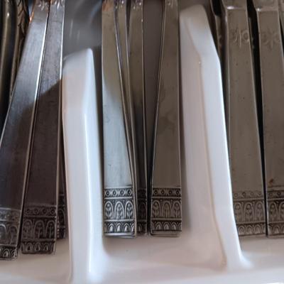 FLATWARE IN ORGANIZER, FEW UTENSILS AND GLASS CANISTERS