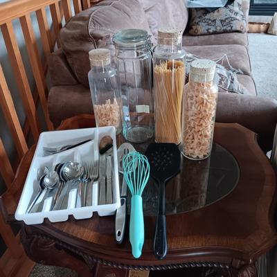 FLATWARE IN ORGANIZER, FEW UTENSILS AND GLASS CANISTERS
