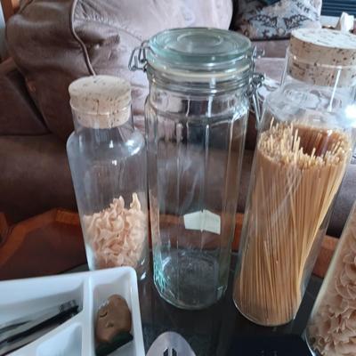 FLATWARE IN ORGANIZER, FEW UTENSILS AND GLASS CANISTERS