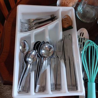 FLATWARE IN ORGANIZER, FEW UTENSILS AND GLASS CANISTERS
