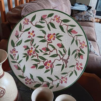 CLAY CARAFE AND CUPS PLUS LARGE PLATTER