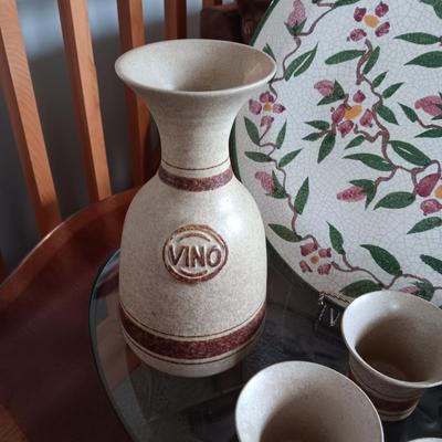 CLAY CARAFE AND CUPS PLUS LARGE PLATTER