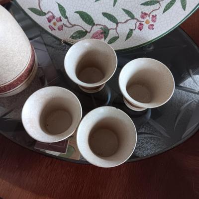 CLAY CARAFE AND CUPS PLUS LARGE PLATTER