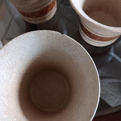 CLAY CARAFE AND CUPS PLUS LARGE PLATTER