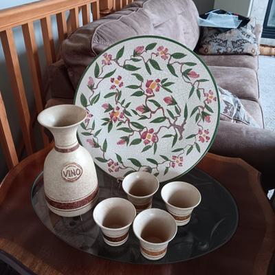 CLAY CARAFE AND CUPS PLUS LARGE PLATTER