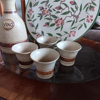 CLAY CARAFE AND CUPS PLUS LARGE PLATTER