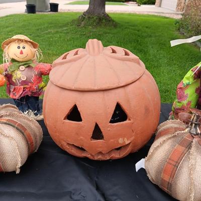 CLAY PUMPKIN, 2 PLUSH PUMPKINS AND 2 SCARECROWS