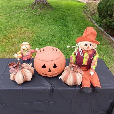 CLAY PUMPKIN, 2 PLUSH PUMPKINS AND 2 SCARECROWS
