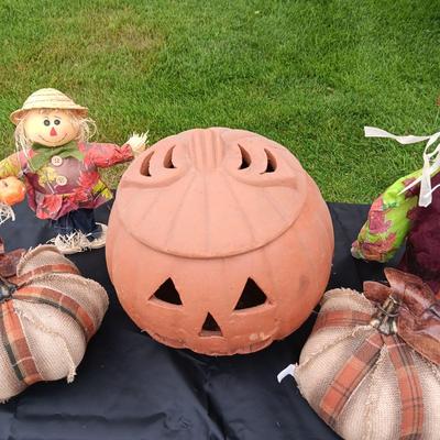 CLAY PUMPKIN, 2 PLUSH PUMPKINS AND 2 SCARECROWS