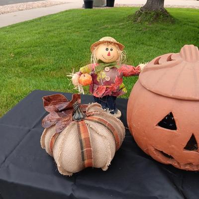 CLAY PUMPKIN, 2 PLUSH PUMPKINS AND 2 SCARECROWS