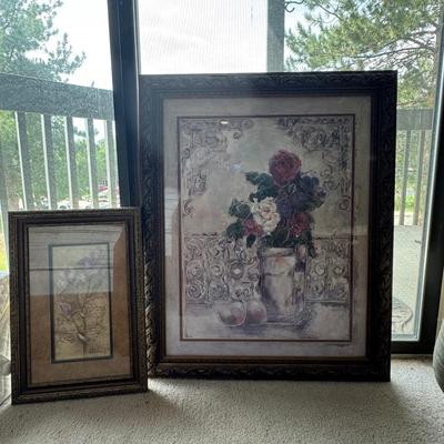 Two framed art pieces, with the larger one identified as a framed watercolor painting.