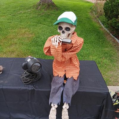 HALLOWEEN SKELETON PLAYING THE HARMONICA AND A SHOWER LIGHT