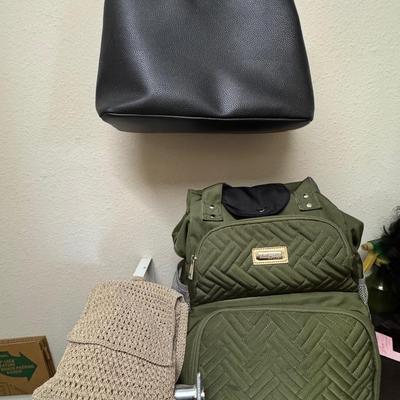 Backpack and purses.