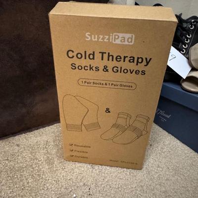 Cold therapy socks, gloves and storage ottoman.