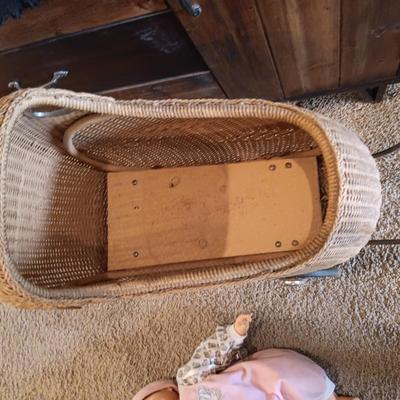 ANTIQUE WICKER BABY STROLLER AND A 1998 CITITOY DOLL