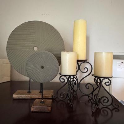 Decorative Stone Discs on Stands, Wrought iron candle holder designed.