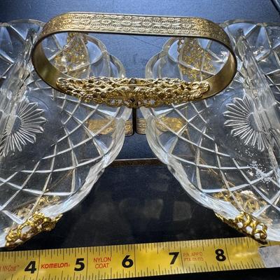 French Crystal Double Divided Vanity Trinket Dish - Gold 13”