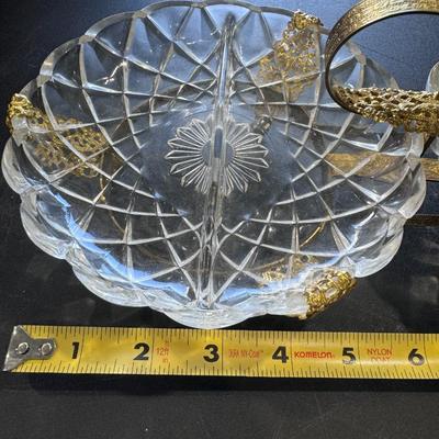 French Crystal Double Divided Vanity Trinket Dish - Gold 13”