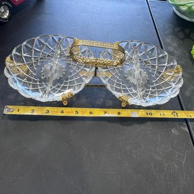 French Crystal Double Divided Vanity Trinket Dish - Gold 13”