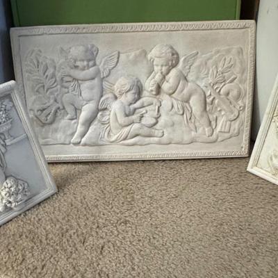 Vintage plaster cherub angel plaque.