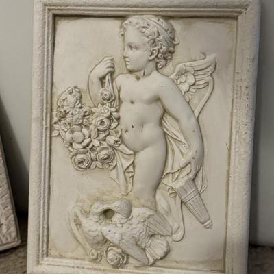 Vintage plaster cherub angel plaque.