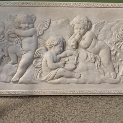Vintage plaster cherub angel plaque.