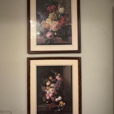 The prints features a vibrant bouquet of flowers, including carnations, tulips, peonies, roses, and tuberoses, arranged in a terracotta...