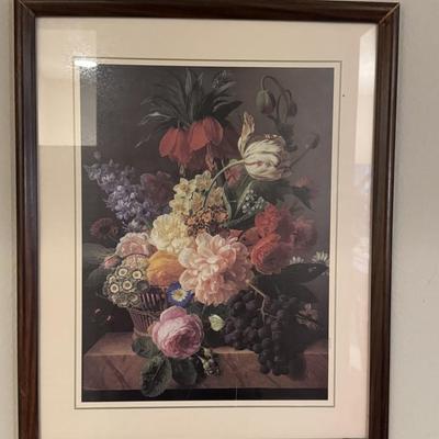 The prints features a vibrant bouquet of flowers, including carnations, tulips, peonies, roses, and tuberoses, arranged in a terracotta...