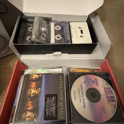 Cassette radio, CDs and tapes.