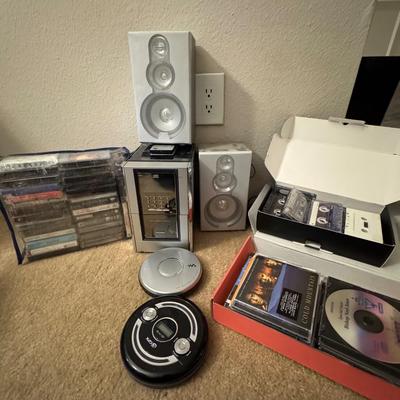 Cassette radio, CDs and tapes.