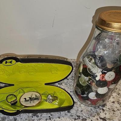Beautiful Diamond Precious Stone Rings | Barlow Mallard Collector Pin | Jar of Vintage Buttons