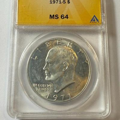 ANACS CERTIFIED 1971-S MS64 EISENHOWER SILVER DOLLAR AS PICTURED.