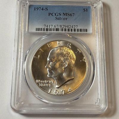 PCGS CERTIFIED 1974-S MS67 EISENHOWER SILVER DOLLAR AS PICTURED.