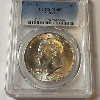 PCGS CERTIFIED 1974-S MS67 EISENHOWER SILVER DOLLAR AS PICTURED.
