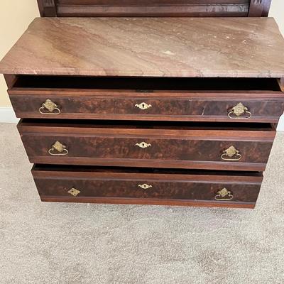 Victorian Burl Wood Dresser w/ Tilt Mirror & Marble Top (PB-RG)