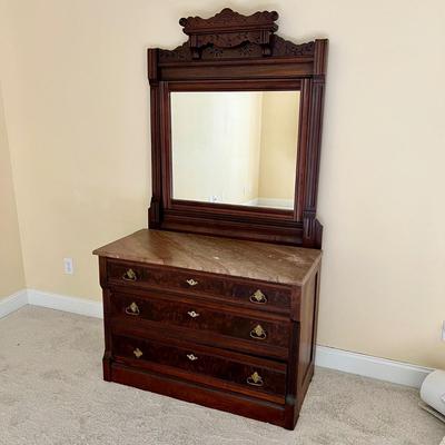 Victorian Burl Wood Dresser w/ Tilt Mirror & Marble Top (PB-RG)
