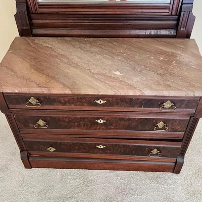 Victorian Burl Wood Dresser w/ Tilt Mirror & Marble Top (PB-RG)