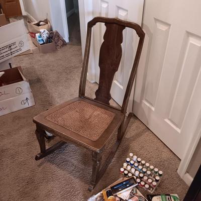 ANTIQUE SEWING ROCKER WITH CANED SEAT AND NOTIONS