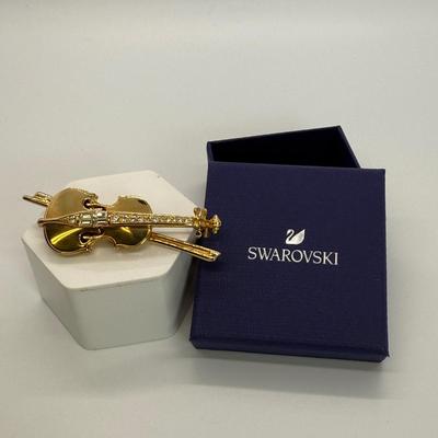 LOT 111: Swarovski Crystal Violin Pin Brooch Signed with Swarovski Box