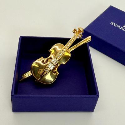 LOT 111: Swarovski Crystal Violin Pin Brooch Signed with Swarovski Box