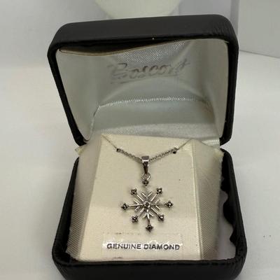 LOT 113 Sterling Cross & 151/2” Necklace 1.4g, Diamond Snowflake 925 Sterling 18” Necklace and Sterling Bell Pin 4.6 gtw