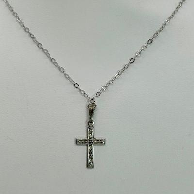 LOT 113 Sterling Cross & 151/2” Necklace 1.4g, Diamond Snowflake 925 Sterling 18” Necklace and Sterling Bell Pin 4.6 gtw