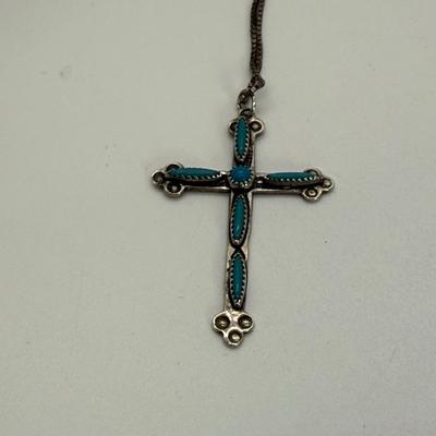 LOT 117: 925 Fine 20” Chain with Cross Pendant 2.4g and 925 Fine Box 24” Chain with Turquoise Cross 4.3 gtw